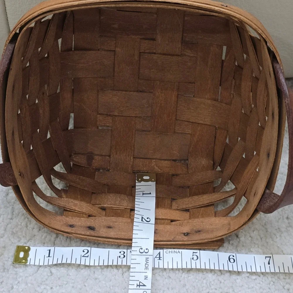 Vintage Woven Wood Basket with Leather Handles Rustic Farmhouse Decor Square